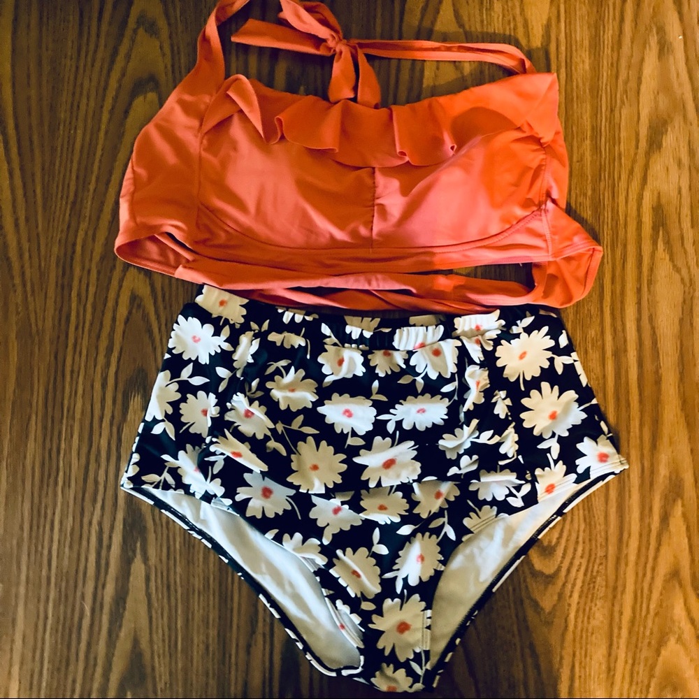 High Waisted Bathing Suit- coral top with Daisy pattern bottoms